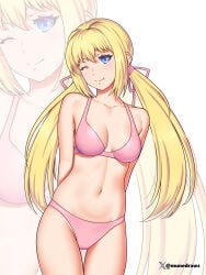 1girls absurdres arms_behind_back artist_name bikini blonde_hair blue_eyes breasts breasts_apart commission commissioner_upload cowboy_shot coy etchimune hair_ribbon hands_behind_back head_tilt highres hunie_(series) huniepop light_blush long_hair looking_at_viewer medium_breasts navel non-web_source one_eye_closed pink_bikini pink_ribbon ribbon sidelocks smile smiling smiling_at_viewer solo standing stomach swimsuit thigh_gap tiffany_maye twintails twitter_username white_background wink winking winking_at_viewer