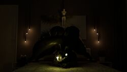 3d anglerfish ass bedroom blender dark-skinned_female dark_room editorphil indoors luria pose rope_bondage size_difference tail y/n