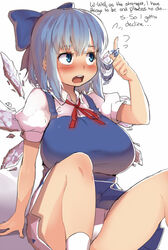 alternate_breast_size blue_eyes blue_hair blush bow breasts cirno dress english female hairbow huge_breasts ice ice_wings magister_(bigbakunyuu) panties pantyshot short_hair sitting solo touhou tsundere underwear upskirt wings