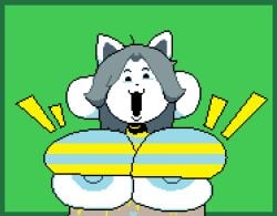 1girl 2d 2d_(artwork) 2d_artwork big_breasts boobs boobs_bigger_than_head boobs_out breasts breasts_out cat_ears cat_girl cat_humanoid catgirl feline ferman fur open_mouth shop smiling smiling_at_viewer sprite sprite_art striped_clothing temmie_(undertale) tits undertale undertale_(series) white_body white_fur white_skin