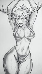 1girls aapendooors alice_(murder_drones) antlers big_breasts bikini blush blushing female female_only murder_drones stretching sweat sweating sweaty thick_thighs tied_hands tied_up