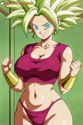 1girls ai_generated ass blue_eyes blush breasts cameltoe curvy curvy_figure dragon_ball dragon_ball_super earrings female green_hair jewelry kefla large_breasts light-skinned_female smile thick_thighs thighs thong zadbhell
