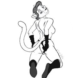 anthro boots ear_piercing feline female fur furry gloves kneeling looking_back milla monochrome panties piercing pussy solo underwear zatu_virgil zavir