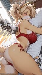 1girl ai_generated animal_ears ass bed blonde_hair blush bra breasts closed_eyes decurse furry furry_female halo large_breasts lying mechanical_halo mechanical_wings mercy object_hug on_bed overwatch panties pillow pillow_hug ponytail red_bra red_panties side-tie_panties solo tail underwear underwear_only weapon wings