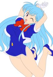 1girls aqua_hair busakumas earrings female gloves happy highres legs long_hair miniskirt no_panties purple_eyes short_dress skirt smile stewardess tenjouin_katsura thighs vector_trace wink yat_anshin_uchuu_ryokou