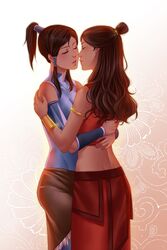 2girls alexiela armband avatar_legends avatar_the_last_airbender blush breasts brown_hair closed_eyes clothing dark-skinned_female dark_skin female female_only fire_nation_clothing hair_tubes highres hourglass_figure hug human imminent_kiss katara korra lesbian long_hair midriff multiple_females multiple_girls nickelodeon ponytail small_breasts straight_hair the_avatar the_legend_of_korra tied_hair time_paradox topknot water_tribe yuri