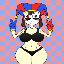 1girl 2d 2d_(artwork) 2d_artwork belly belly_button bikini black_bikini blush_lines bra crossed_fingers eyelashes ferman frown glitch_productions jester jester_hat panties peace_sign pomni_(the_amazing_digital_circus) pose sad sad_face tadc the_amazing_digital_circus thick voluptuous voluptuous_female white_body white_skin