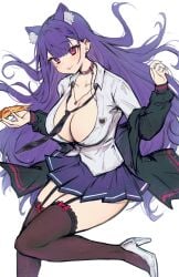 1girl 1girls akuma_nihmune akuma_nihmune_(1st_costume) animal_ears big_breasts black_thighhighs blue_skirt breasts cat_ears cleavage emucchi facial_mark female food garter_straps heart heart_facial_mark high_heels highres indie_virtual_youtuber jewelry large_breasts long_hair looking_at_viewer loose_necktie massive_breasts mole mole_under_eye necklace necktie partially_open_shirt pizza pizza_slice purple_hair red_eyes shirt skirt solo thighhighs thighs tits virtual_youtuber vtuber white_shirt