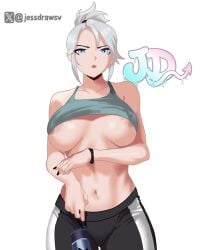 angry_expression angry_face areolae_visible_through_clothing big_boobs big_breasts black_nails blue_eyes digital_media_(artwork) hair_bun jessdraws jett_(valorant) riot_games sportswear valorant white_background white_hair