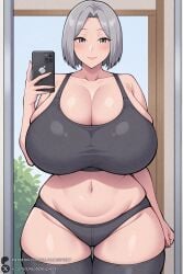 1female 1girl 1girls 2026 ai_generated artist_name big_ass big_breasts black_panties black_thighhighs blush bra breasts cellphone cleavage collarbone curvy grey_eyes grey_hair hi_res high_quality high_resolution highres holding holding_phone huge_ass huge_breasts looking_at_viewer mature_female mirror navel panties patreon patreon_username phone plump selfie short_hair smartphone smile solo sports_bra thick_thighs thighhighs thighs underwear unjobdespiert video_game video_game_character video_games visual_novel watermark wide_hips