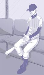 1boy baseball_bat baseball_uniform corpsefacesmutplace digital_media_(artwork) fully_clothed hand_on_penis human male male_only masturbation monochrome off_(game) penis sitting sketch solo the_batter