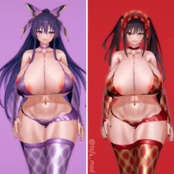 2girls bikini black_fingernails black_hair braided_hair braided_twintails breasts breasts_bounce busty busty_female choker clock_eyes date_a_live fingernails hair_ribbon huge_breasts large_breasts long_hair long_hair_female looking_at_viewer multiple_eyes purple_bikini purple_choker purple_hair purple_hair_ribbon purple_stockings red_bikini red_choker red_eyes red_hairband red_stockings smile stockings striped_stockings taf4mad tagme thick_thighs tokisaki_kurumi video yatogami_tohka
