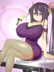 ariane_cevaille black_hair breasts bursting_breasts choker dress erect_nipples female huge_breasts long_hair magister_(bigbakunyuu) original original_character pantyhose purple_eyes sitting smile solo tied_hair tight_clothes twintails