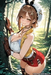 1girl ai_assisted ai_generated atelier_(series) atelier_ryza bare_shoulders belt beret breasts brown_belt brown_eyes brown_gloves brown_hair cleavage curvaceous curvy curvy_female curvy_figure female forest gloves hair_ornament hairclip hat jewelry large_breasts leather_gloves looking_at_viewer miyuai nature necklace outdoors pouch red_shorts reisalin_stout short_hair short_shorts shorts single_sidelock sleeveless smile solo thick thick_ass thick_butt thick_hips thick_legs thick_thighs thighhighs thighs tree voluptuous voluptuous_female white_headwear wide_hips wide_thighs