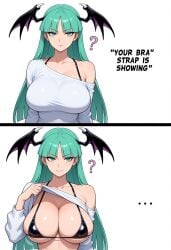 1girls ai_generated bra bra_strap_is_showing_(meme) darkstalkers english english_dialogue english_text flashing flashing_bra morrigan_aensland solo solo_female tagme