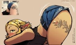 ass belt blonde_hair blue_eyes blush braid breath_of_the_wild denim denim_shorts huge_ass looking_back pointy_ears princess_zelda reference_image tail-blazer tattoo the_legend_of_zelda thick_thighs top_down_bottom_up zelda_(breath_of_the_wild)