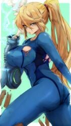 arm_cannon big_ass big_breasts blonde_hair bodysuit metroid ponytail samus_aran zero_suit_samus