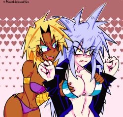 2girls annoyed_expression awkward bikini blonde_hair blushing boobs breasts ecchi lesbian lesbian_couple lewd marik_ishtar pale_skin tagme tan_body touching_breast white_hair yami_bakura yu-gi-oh! yuri