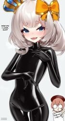 2girls black_bodysuit blonde_hair blue_eyes blush bodysuit bow clio_aite crown female flat_chest hair_bow highres latex latex_bodysuit maguro27 marimari_(vtuber) marimari_en multiple_girls open_mouth orange_bow phase_connect short_eyebrows side_ponytail sweat virtual_youtuber vtuber