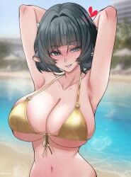 1girls animal_ears beach big_breasts bikini bikini_bottom bikini_top blush breasts breasts_out exposed_breasts female golden_bikini golden_week haxial hoyoverse jane_doe_(zenless_zone_zero) large_breasts mihoyo playful smug smug_grin zenless_zone_zero
