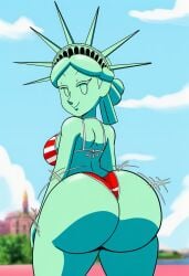 , 2d american_flag_bikini ass_focus ass_shake beach bikini cartoon crown green_hair green_skin huge_ass personification sideboob smiling statue_of_liberty thick_thighs twerk