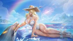 ai_assisted ai_generated beach big_breasts blonde_hair blue_eyes blue_lipstick breasts cleavage curvy dolphin emma_frost emma_frost_(marvel_rivals) enhanced_breasts hat huge_breasts large_breasts marvel marvel_rivals small_waist swimsuit thick_thighs thighs voluptuous wide_hips x-men
