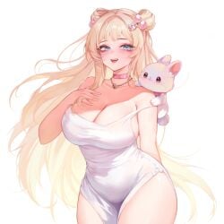 1girl absurdres arm_at_side artist_request bell blonde_hair blondedaze blue_eyes blush breasts choker cleavage commentary cowboy_shot creature creature_on_shoulder curvy double_bun dress english_commentary floating_hair hair_bun hair_ornament hand_on_own_chest highres huge_breasts indie_virtual_youtuber jewelry jingle_bell long_hair looking_at_viewer neck_bell necklace on_shoulder open_mouth pink_choker pom_pom_(clothes) pom_pom_hair_ornament rabbit_hair_ornament second-party_source side_slit simple_background sleeveless sleeveless_dress smile solo spaghetti_strap standing strap_slip very_long_hair virtual_youtuber white_background white_dress wide_hips