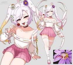 1girls arachne arthropod_humanoid artist_name bisexual_female brat cslucaris fangs flower_in_hair flower_shaped_pupils heels highlights_(coloring) lolipop open_mouth orange_eyes original patreon_username petite_female pink_skirt saliva_trail seductive signature sitting skirt smirk solo_focus spider_humanoid twintails white_hair white_stockings