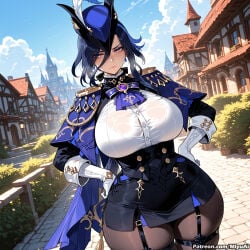 1girl ai_assisted ai_generated animal_ears black_legwear blue_hair blush bra bra_through_clothes breasts city clorinde_(genshin_impact) curvaceous curvy curvy_female curvy_figure female garter_straps genshin_impact gloves hand_on_hip hat huge_breasts looking_at_viewer miyuai purple_eyes solo thick thick_ass thick_butt thick_hips thick_legs thick_thighs thighhighs voluptuous voluptuous_female wide_hips wide_thighs