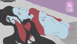 2girls adventure_time black_bead_eyes black_hair blue_skin breasts fangs female female_only hand_in_panties long_hair lying marceline navel nipples nosebleed on_back pink_hair pink_skin princess_bubblegum red_eyes screamingrainbow602 shirt_lift smile vampire yuri