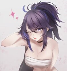 1girl 1girls big_breasts blue_eyes breasts chest_sarashi cleavage female glasses highres indie_virtual_youtuber kson kson_onair large_breasts looking_at_viewer mole mole_under_eye multicolored_hair one_eye_closed ponytail purple_hair sarashi solo streaked_hair tongue virtual_youtuber vtuber white_background