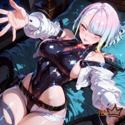 ai_generated black_bodysuit bodysuit breasts cleavage cyberpunk:_edgerunners cyberpunk_2077 huge_breasts large_breasts lucyna_kushinada nipples short_hair watermark white_hair zbaiart