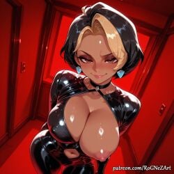 1girl 2026 ai_generated anime black_bodysuit black_hair blizzard_entertainment blonde_hair blush bodysuit boobs breasts brown_eyes choker cleavage clothing_cutout covered_nipples crossover dark-skinned_female dark_skin domina_(overwatch) earrings exposed_nipples eye_contact female female_focus flushed highres huge_breasts jewelry large_breasts latex latex_bodysuit lips looking_at_viewer makeup midriff multicolored_hair navel navel_cutout nipples nsfw one_breast_out overwatch patreon rognezart shiny shiny_clothes shiny_skin short_hair skin_tight smile smiling solo two-tone_hair