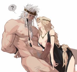 1boy 1girl black_dress blonde_hair breasts circlet clothed_female_nude_male dress elden_ring erection facial_hair godfrey_first_elden_lord gold_circlet gold_diadem highres holding holding_whip long_hair male_pubic_hair mature_male muscular muscular_male nude penis pubic_hair queen_marika_the_eternal scar sweat testicles tokireii uncensored whip white_background white_hair