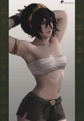 armpits avatar_legends avatar_the_last_airbender bangs big_butt blind buff buff_female curvy dark_hair female female_only front_view fully_clothed hair_bun hips meemo.psd muscular muscular_female pale-skinned_female pale_skin small_breasts strong strong_female tiny_breasts toph_bei_fong undress_character undressing