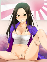 bancho black_hair blush breasts censored cleavage clenched_teeth female green_eyes highres human idolmaster idolmaster_cinderella_girls jacket kaiga large_breasts legs long_hair looking_at_viewer male mukai_takumi navel no_bra no_panties penis pubic_hair pussy sarashi sex smile spread_legs straight thighs vaginal_penetration