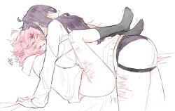 2girls absurd_res absurd_resolution absurdres blush bottomless closed_eyes commentary ddlc dildo doki_doki_literature_club explicit heart hi_res high_quality high_resolution highres hood hoodie legs_up long_hair medium_hair multiple_girls natsuki_(doki_doki_literature_club) panties pink_hair pockiseisont purple_hair purple_panties scar self-harm_scar sex_toy simple_background simple_shading strap-on team_salvato underwear white_background white_hoodie yuri yuri_(doki_doki_literature_club)