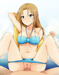 armpits arms_up artist_request bare_shoulders bikini blue_eyes blush breasts brown_hair censored cloud female happy_sex highres human idolmaster idolmaster_cinderella_girls large_breasts legs long_hair looking_at_viewer male matsumoto_sarina navel penis pubic_hair pussy sex sky smile spread_legs straight swimsuit thighs vaginal_penetration