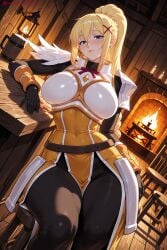 1girl ai_generated armor black_bodysuit blonde_hair blue_eyes blush bodysuit braid breastplate breasts darkness_(konosuba) gloves hair_ornament hi_res high_quality high_resolution kiraamane kono_subarashii_sekai_ni_shukufuku_wo! large_breasts long_hair looking_at_viewer patreon ponytail seductive sexy sidelocks sitting solo symbol-shaped_pupils uncensored watermark