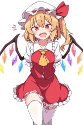 1girl absurdres arms_behind_back ascot blonde_hair blush breasts collared_shirt commentary_request crystal crystal_wings fang flandre_scarlet frilled_shirt_collar frills hat hat_ribbon highres korra_down looking_at_viewer mob_cap multicolored_wings one_side_up open_mouth paid_reward_available red_eyes red_skirt red_vest ribbon sex_toy shirt simple_background skirt skirt_set small_breasts smile solo thighhighs touhou vest vibrator vibrator_in_thighhighs white_background white_hat white_shirt white_thighhighs wings yellow_ascot
