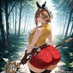 1girl ai_assisted ai_generated ass atelier_(series) atelier_ryza bare_shoulders belt breasts brown_belt brown_eyes brown_gloves brown_hair curvaceous curvy curvy_female curvy_figure female forest gloves hair_ornament hairclip hat holding jewelry large_breasts leather_gloves lips looking_at_viewer looking_back miyuai nature outdoors red_shorts reisalin_stout short_hair short_shorts shorts single_glove sleeveless sleeveless_jacket smile solo staff star_(symbol) thick thick_ass thick_butt thick_hips thick_legs thick_thighs thighhighs thighs tree voluptuous voluptuous_female white_headwear wide_hips wide_thighs