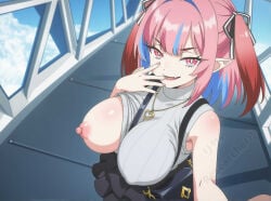 ai_generated breasts_out_of_clothes demon_girl happy huge_breasts kanan-sama_wa_akumade_choroi kanan_(kanan-sama) one_breast_out pink_hair short_hair smiley_face