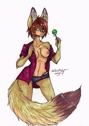 anthro big_ears breasts bulldog24 candy canine clothes female fennec fluffy_tail fox fur furry hair keksy lingerie lollipop partial_nudity shirt