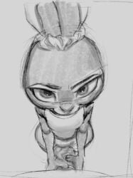 1boy 1girls animal_ears animal_nose anthro bare_shoulders body_fur breasts closed_mouth erection female flat_chest from_above furry furry_female furry_male furry_with_non-furry grey_background guided_penetration half-closed_eyes happy hetero interspecies judy_hopps looking_at_viewer looking_up male mammal multicolored_fur outercourse own_hands_together penis rabbit_ears rabbit_girl scrunchie shirt simple_background sleeveless sleeveless_shirt small_breasts smile solo solo_focus standing thehumancopier thighjob topknot traditional_media two-tone_fur zootopia