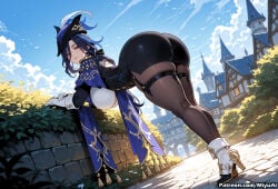 1girl ai_assisted ai_generated ass bent_over black_hair breasts clorinde_(genshin_impact) cloud curvaceous curvy curvy_female curvy_figure day female genshin_impact gloves hat high_heels large_breasts long_hair looking_at_viewer looking_back miyuai police police_uniform sky solo thick thick_ass thick_butt thick_hips thick_legs thick_thighs thighs uniform voluptuous voluptuous_female weapon wide_hips wide_thighs