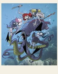 3girls angora_napkin bikini blue_hair comic coral coral_reef female female_focus female_only fight glasses goggles harpoon idw_comics idw_publishing knife light-skinned_female light_skin long_hair official_art pink_hair purple_hair red_hair squid underwater underwater_scenery
