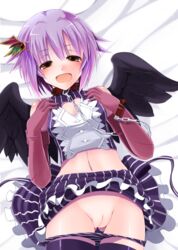 :d black_legwear blush brown_eyes chains collar doburoku_(daiginjou) elbow_gloves female gloves hair_ornament hairclip highres idolmaster idolmaster_cinderella_girls koshimizu_sachiko looking_at_viewer navel open_mouth panties panty_pull purple_hair pussy short_hair skirt smile solo thighhighs underwear wings