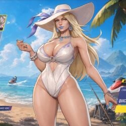 ai_assisted ai_generated beach big_breasts blonde_hair blue_eyes blue_lipstick breasts cleavage curvy emma_frost emma_frost_(marvel_rivals) hat huge_breasts large_breasts marvel marvel_rivals small_waist swimsuit thick_thighs thighs voluptuous wide_hips x-men