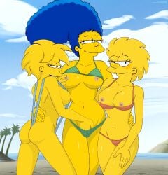 areolae beach bikini blue_hair edit exposed_breasts exposed_nipples family hahaboobies hand_on_pussy hands_on_breasts horny_female large_breasts lisa_simpson maggie_simpson marge_simpson mother_and_daughter naughty outdoors outside posing pubic_hair pulled_aside sisters skimpy_swimwear sling_bikini string_bikini the_simpsons yellow_skin