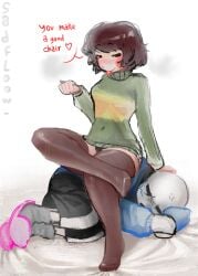 chara defeated_hero degradation dominant_female dubious_consent enemies enemy_conversion female female_chara female_on_top humiliated humiliating humiliation interspecies male male/female panties red_eyes sadfloow sans sitting_on_another sitting_on_person stockings submissive_male uncomfortable uncomfortable_pose undertale villainess